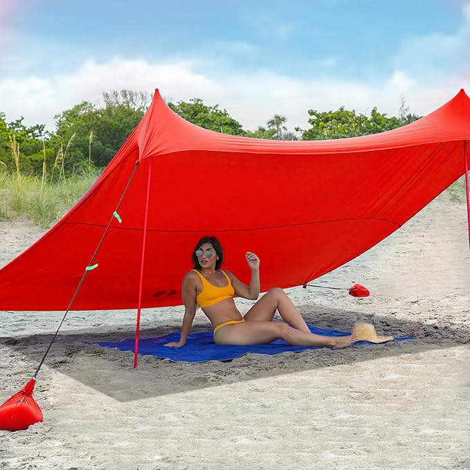Red Suricata Family Beach Tent &amp Beach Canopy UPF50 Sun Beach Shade Sunshade with 4 Aluminum Poles 4 Pole Anchors &amp Sand Shovel Large &amp Portable Sun Shelter Tarp (Large Red)