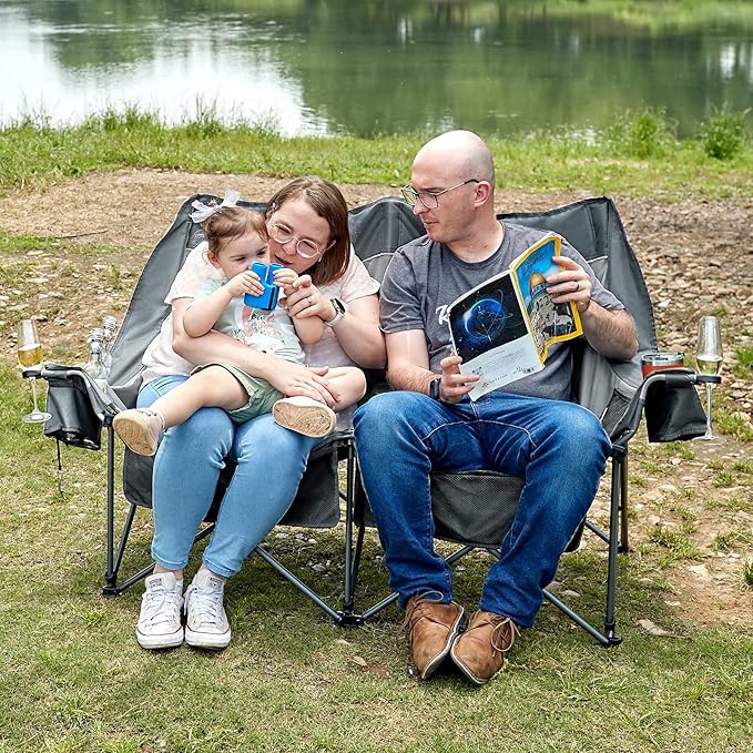Timber Ridge 600 lbs Double Camping Chair Ultra-Wide Heavy Duty Outdoor Folding Camp Couch Loveseat Camping Chairs Perfect for Campsites Patio/Lawn Soccer Games or Other Youth Sports Supports