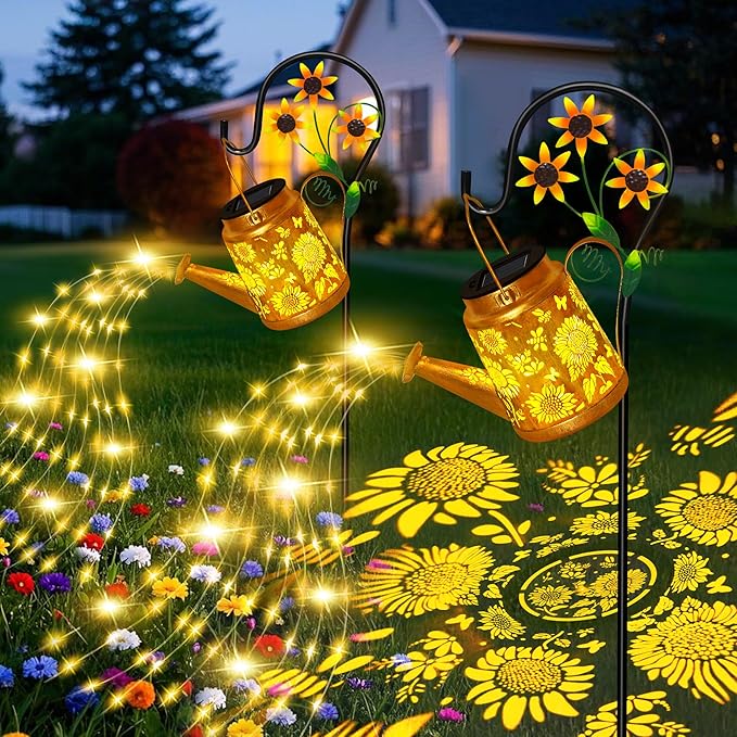 Sunflower Solar Watering Can Lights Outdoor Waterproof Garden Lanterns with Shepherd Hook Solar Garden Decor for Yard Outdoor Landscape Pathway Gift for Women Mom Grandma 2 Pack