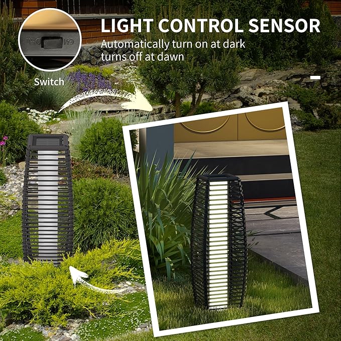 Outsunny Solar Floor Lamp Outdoor Rattan Garden Lantern Pathway Light &amp Decorative Driveway Lighting with Auto On/Off LED Lights for Porch Yard Lawn Courtyard Deck Gray
