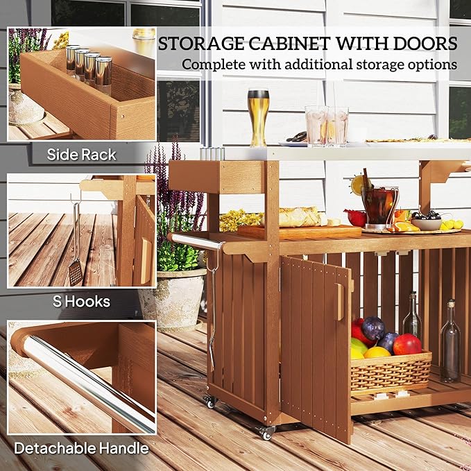 Outdoor Bar Cart with Stainless Steel Top 45.7x18.9x35in HDPE Structure 66lb Load Capacity Storage Cabinet Open Shelf Brown