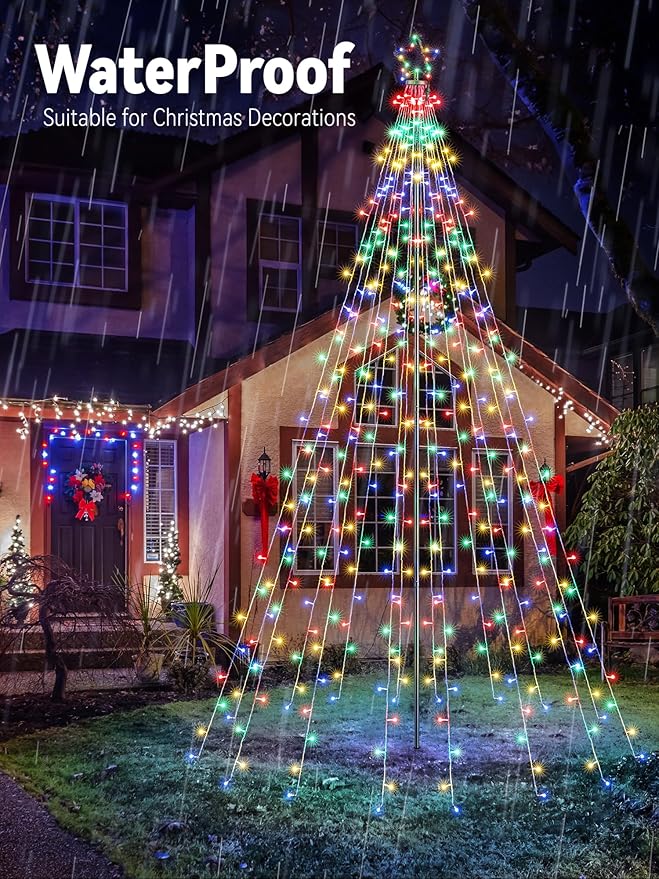 Flacchi Christmas Outdoor Star String Lights - Pole Set with Remote Multiple Lighting Modes Timer and Waterproof Feature (Cool White&ampMulticolor 16FT/664LED)