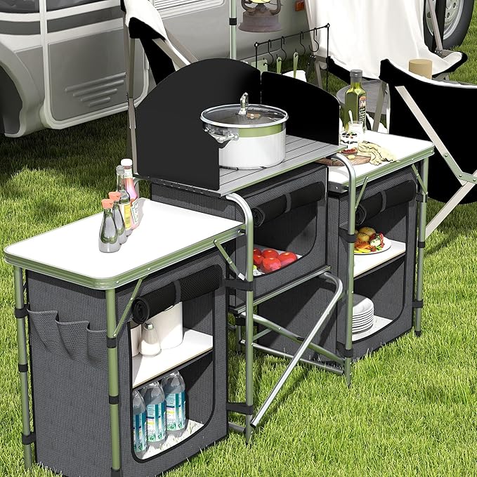 Outsunny Camping Kitchen Table Portable Folding Camp Kitchen Aluminum Cook Station with 3 Fabric Cupboards Windshield Carrying Bag for BBQ RV Picnic Black