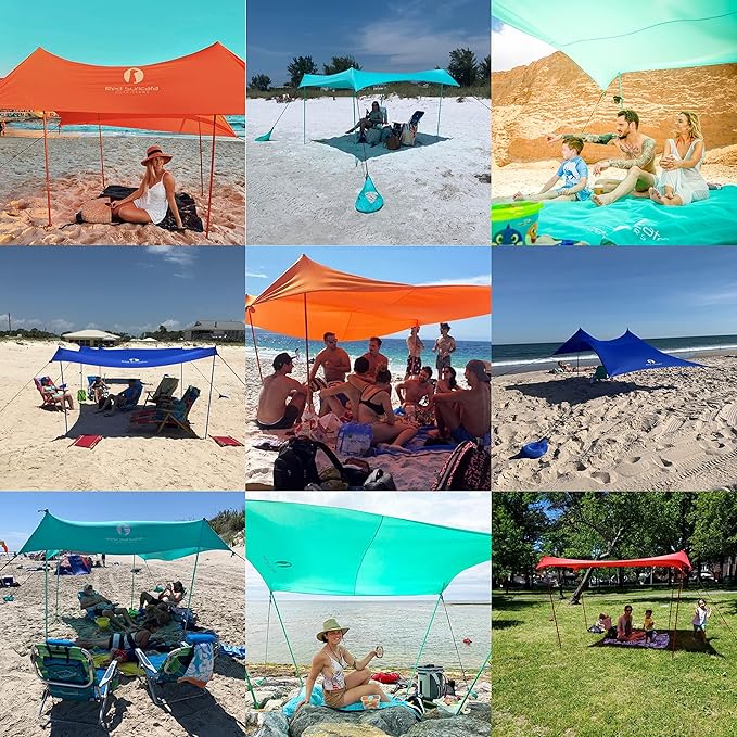 Red Suricata Family Beach Parasol - Sun Shade Canopy | UPF 50 UV Protection | Tent with 4 Aluminium Poles 4 Pole Anchors 4 Sandbag Anchors | Large &amp Portable Shelter Tarp