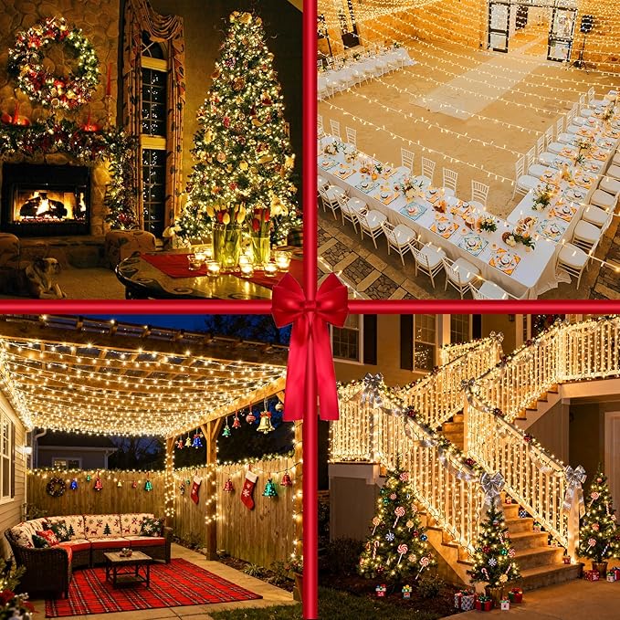 750 LED 240FT Christmas String Lights Outdoor with 12 Lighting Modes Green Wire Christmas Lights with Timer &amp Dimmable Waterproof Plug in Fairy Lights for Room Party Home Patio Xmas Warm White