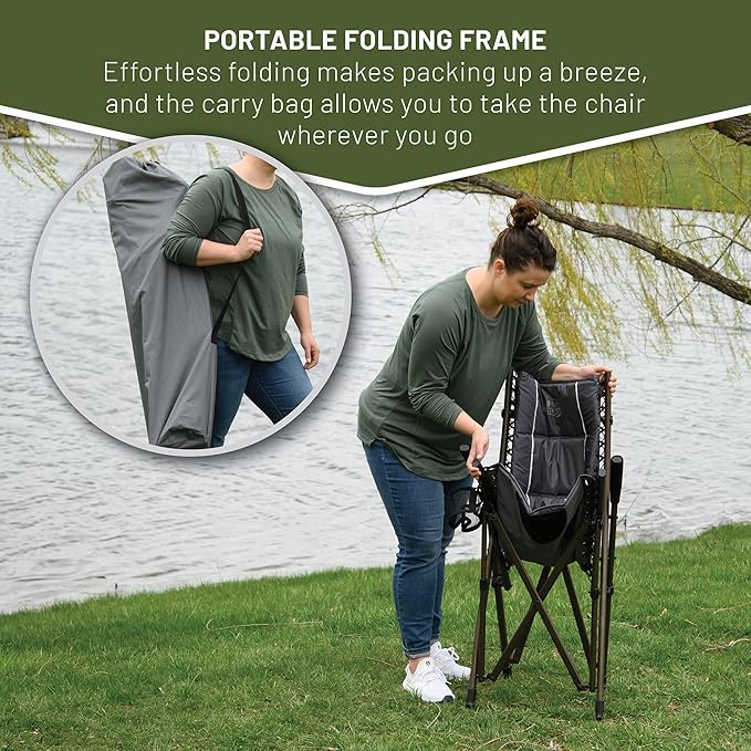 Timber Ridge Bungee Folding Camping Chairs for Adults Heavy Duty Collapsible Padded Chair with Armrests Cup Holder Foldable Outdoor Lounge Chairs for Beach Fishing Lawn Supports 300 lbs Grey