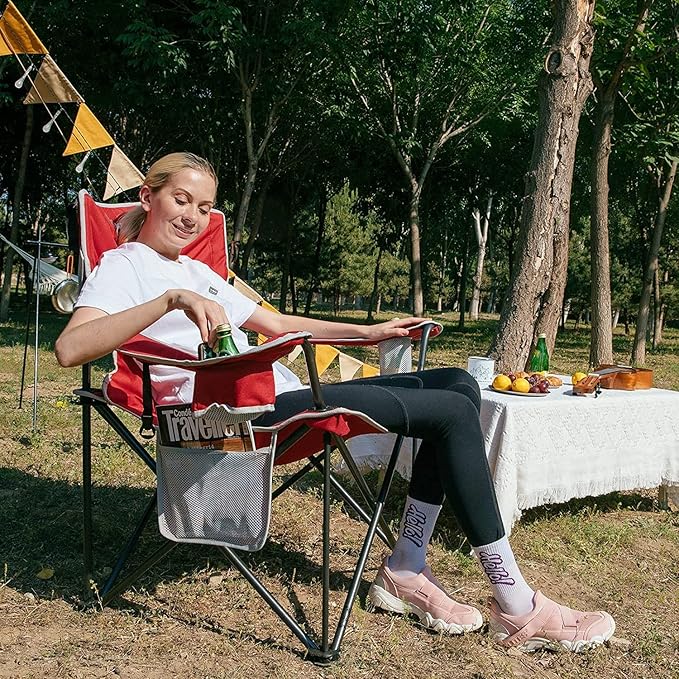 KingCamp Portable Folding Camping Quad Chair Oversized Fully Cushioned Seat with Side Pocket and Cup Holder for Tailgates Beach Lawn