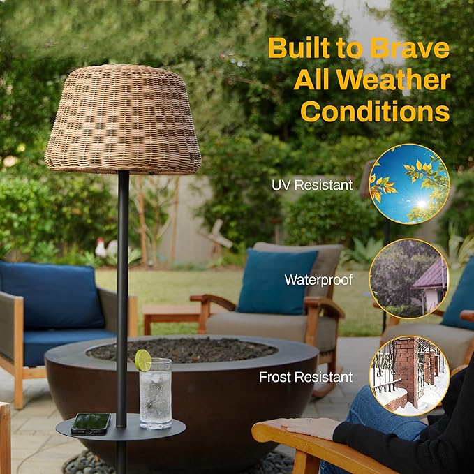 B&ampR Lighting Solar Outdoor Floor Lamp with Table - Cordless Outdoor Floor Lamp - Patio Porch Garden - Rattan Wicker Lights for Outside - Waterproof Rechargeable Weatherproof