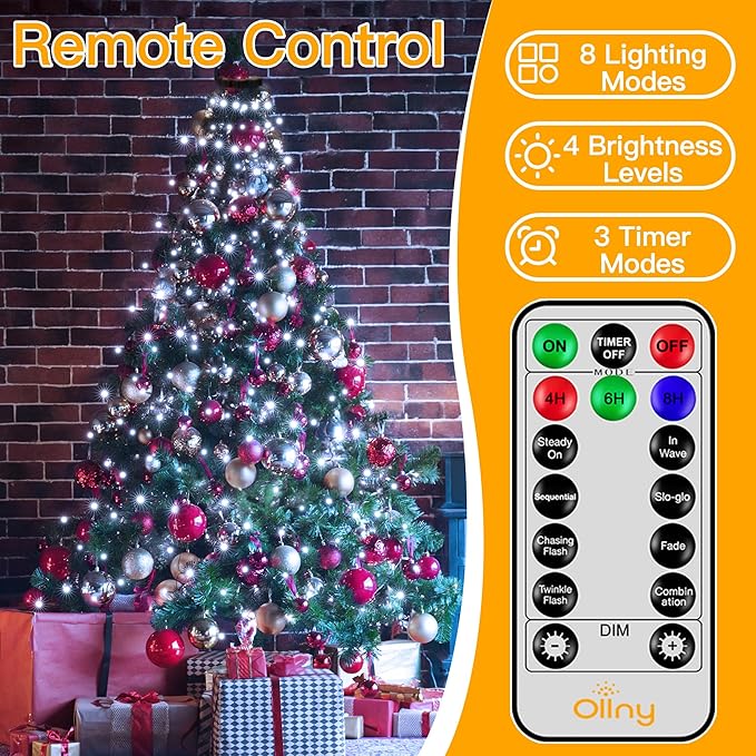 Ollny Christmas Tree Lights 8.2ft*16 Strings with Ring 8 Lighting Modes 3 Timers Dimmable Christmas Lights Indoor/Outdoor with Remote Waterproof for Xmas Decor (Cool White)