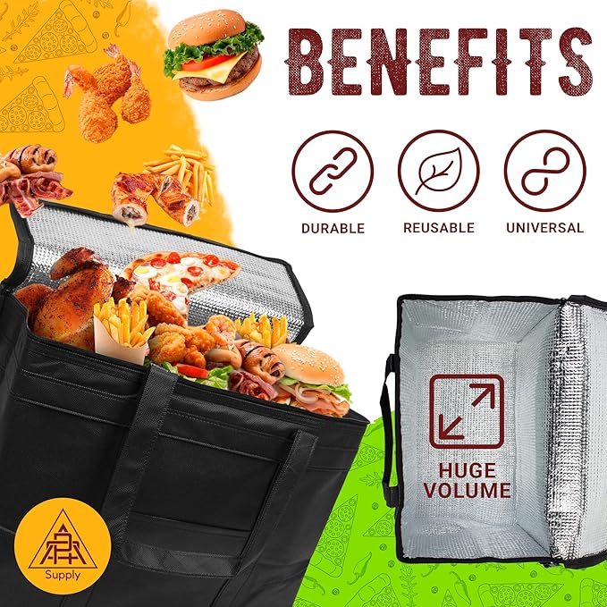 Black Insulated Food Delivery Bag. Insulated Grocery Bags with Zippered Top. Foldable Catering Bag for Food Deliveries. Heavy Duty Cold Bags for Groceries