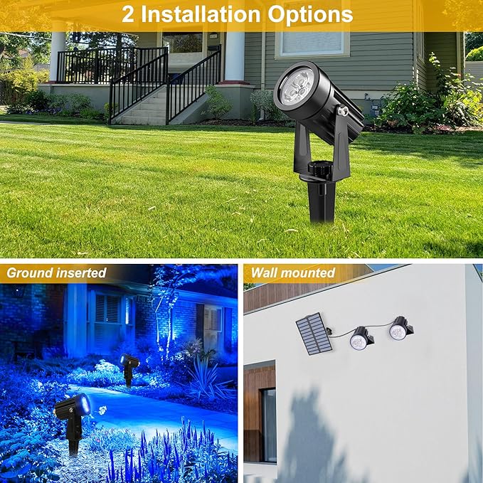 Blue Solar Spot Lights Outdoor2 Pack Solar Landscape Spotlights IP65 Waterproof 9.8ft Cable Auto On/Off Outdoor Wall Lights for Garden Yard Driveway Porch Walkway Pool (1-in-1)