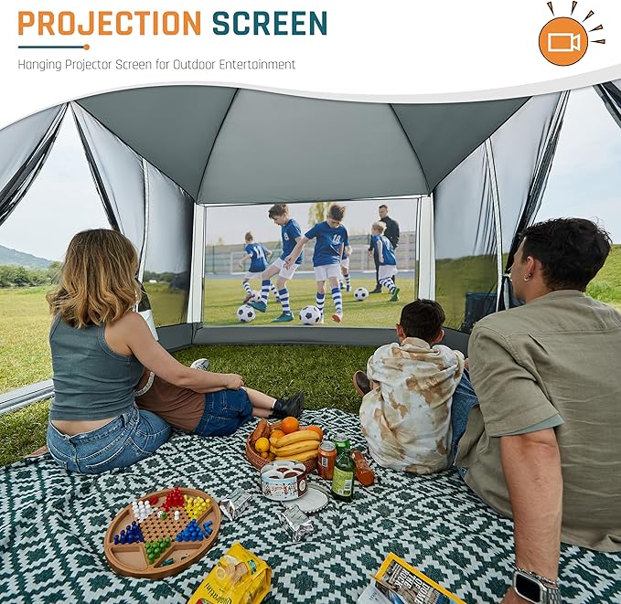 Screen House Tent 13x9ft Screen Room Mesh Gazebos w/ 2 Magnetic Doors Included Projection Screen Camping Tent Screened Canopy Shelter for Outdoor Patios Backyards Activities (Gray)