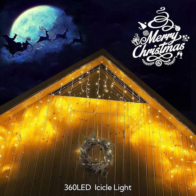 Hopolon 33FT 360L LED Christmas Icicle Lights Outdoor Waterproof8 Modes Plug in Curtain String LIghts With 60 DropsChristmas Lights for WeddingPartyBedroomHomeGardenWall Decorations(Warm White)
