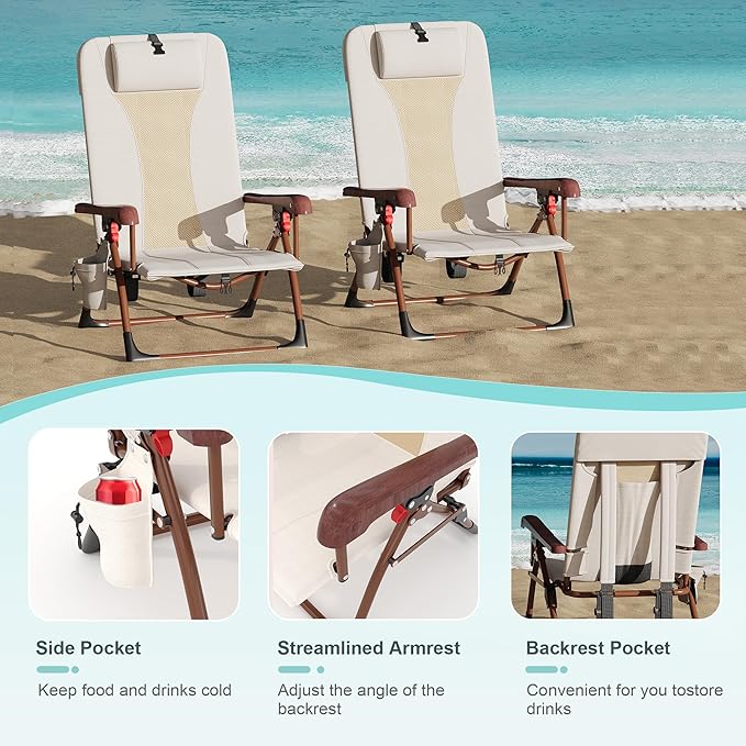 Portable Backpack Beach Chair for Adults-Folding Camping Chair with Storage Pouch &amp Cup Holder Adjustable Lounge Chairs for Outdoor Travel Picnic Park and Fishing