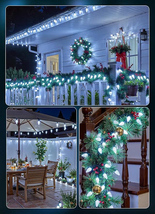 Minetom C9 Christmas Lights Outdoor 72 FT 110 LED C9 String Lights 8 Modes &amp Timer Connectable Waterproof for Christmas Tree Light Indoor Outdoor Roofline Patio Outside Yard Xmas Decor White