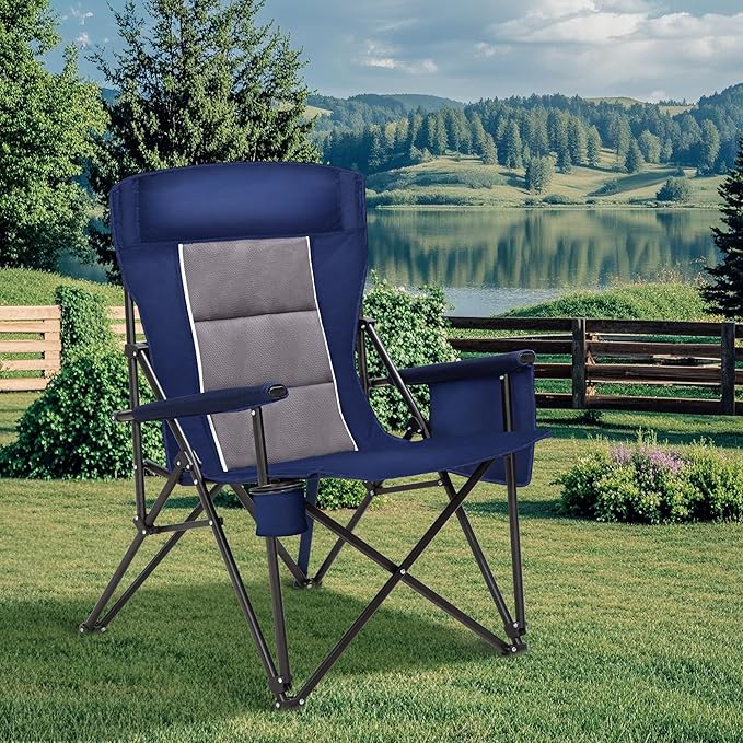 HIGH POINT SPORTS Oversized Camping Chairs for Adults High Back Heavy Duty Lawn Folding Chair Support 500LBS Padded Portable Outdoor Chair with Cup Holder Blue