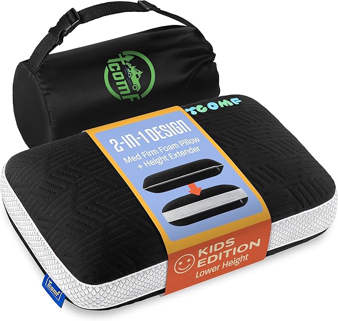 Kids Camping Pillow: Dual-Cover Memory Foam Small Pillow Medium-Firm Camp Pillow | Mini Pillow w/ 5 Layers for Comfort and Support Small Travel Pillow/Compact Pillow 10x16 Inches (Black)
