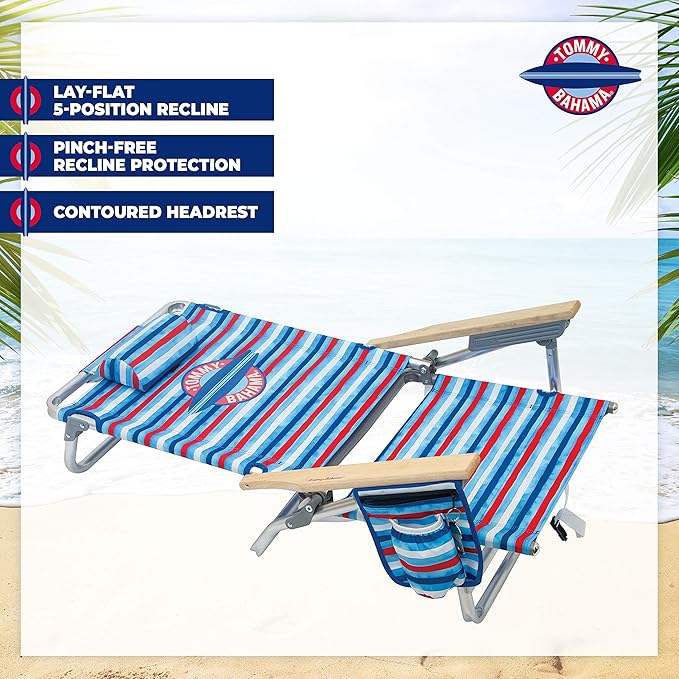 Tommy Bahama 5-Position Classic Lay Flat Folding Backpack Beach Chair Aluminum Red White and Blue Stripe