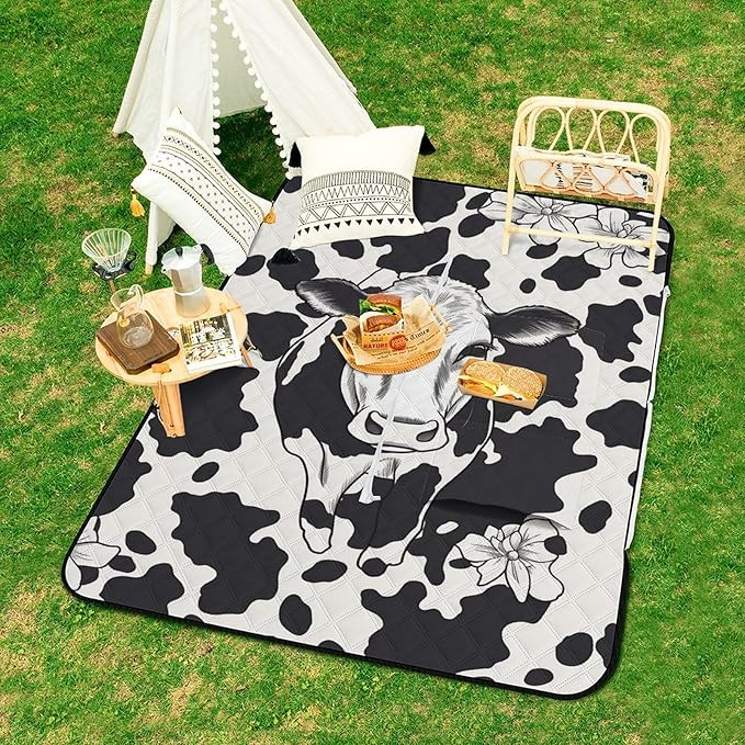 Zipper Black and White Cow Style Picnic Mat Suitable for Travel Camping Park Or Home Use
