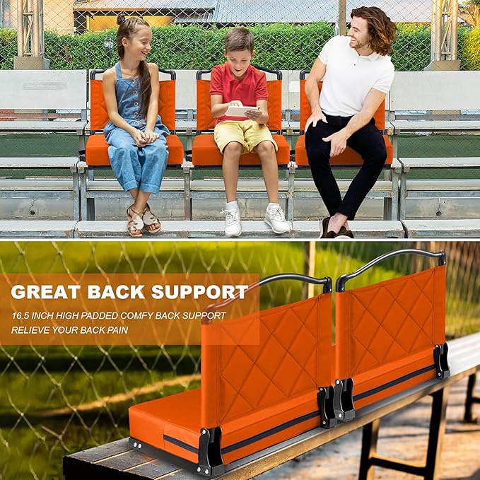 Stadium Seats with Back Support Cushion Folding Stadium Seats for Bleachers Hold up 400lbs Wide Bleacher Seat with Shoulder Strap &amp Handle Comfort for Sports Events (Orange 2pcs)