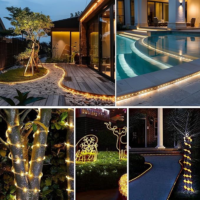 99FT 1000LED Solar Rope Lights - Warm White Solar Powered String Lights with 8 Lighting Modes IP65 Waterproof Fairy Light for Outdoor Garden Yard Tree Christmas Holiday Decor