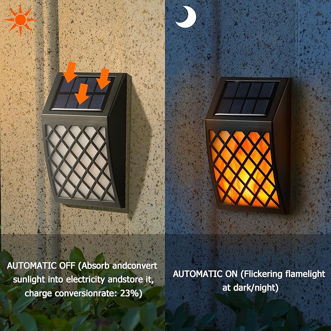 Dynaming Solar Flame Wall Lights Outdoor 8 Pack Solar Powered Wall Lights Flickering Flame Auto On/Off Wall Mounted Fence Deck Lights Lattice Decorative for Garage Garden Pathway Patio Porch Yard