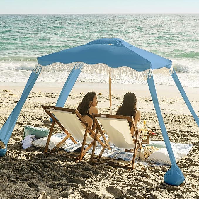 AMMSUN Beach Cabana with Fringe 6.5' x 6.5' Boho Beach Canopy with Tassels Easy Set up &amp Premium Wood Pole Cabana Tent with Sand Pockets Instant Sun Shade for Sand Garden Patio Blue