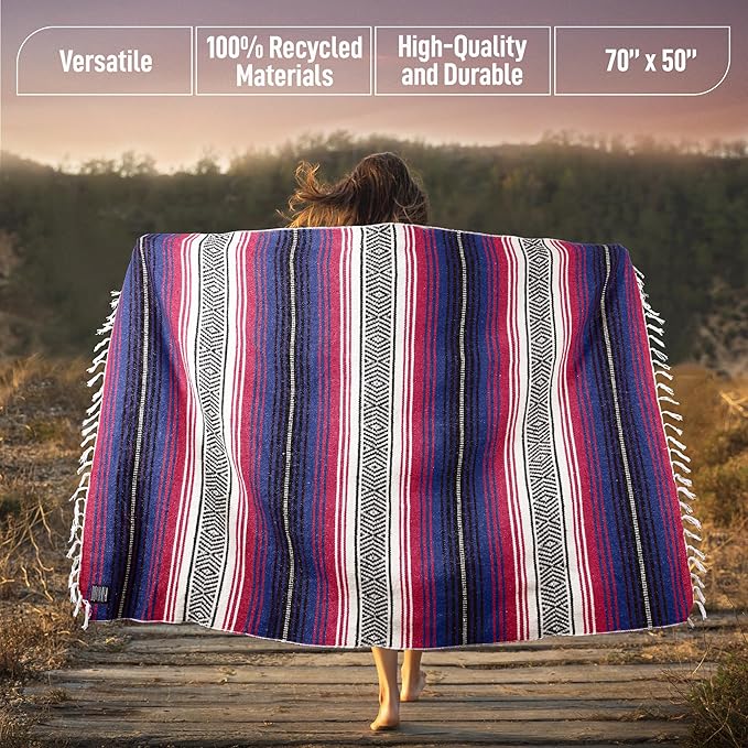 Hydration Nation Authentic Extra Large Mexican Blanket (70x50) - Handwoven Yoga Serape- Artisanal Falsa Beach Camping Picnic Outdoor - Twilight