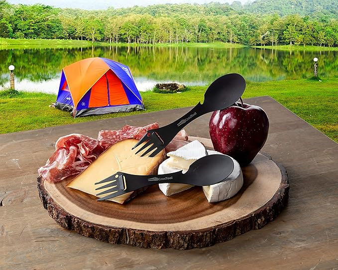 Spork Ultra Lightweight and Strong 5 in 1 Camping Utensil Set-Spoon+Fork+Knife+Peeler+Bottle Opener+Bag+Carry case. Ideal for Outdoors Home or Office