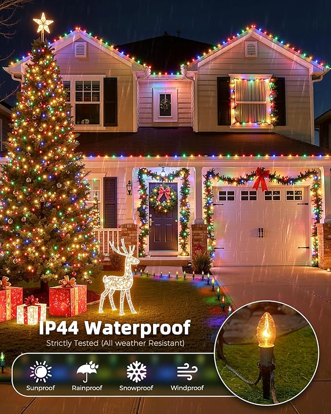 Christmas Pathway Lights Outdoor 102.8 Ft Driveway Christmas Lights with 80 Multicolor Bulbs and Stakes Connectable Outdoor Decorations Yard Walkway Sidewalk Holiday Multicolor