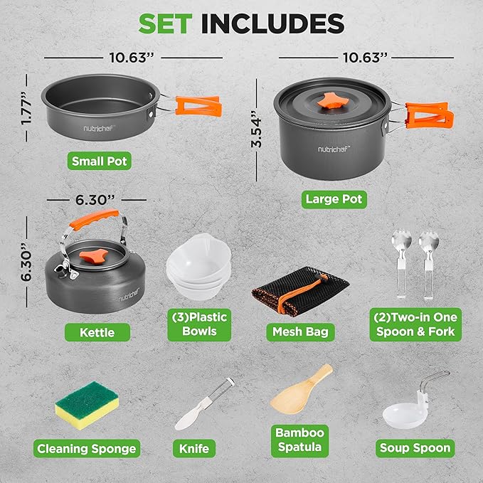 NutriChef Camping Cookware Set - Lightweight Nonstick Pots Pans Utensils Bowls Cutlery and Cleaning Tools with Mesh Bag Foldable Handles Compact Outdoor Cooking Gear for Hiking &amp Travel (Gr