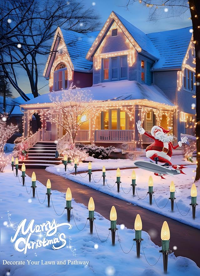 C9 Christmas String Lights Outdoor - 20 LED Pathway Light with Strawberry Shell and Stake Connectable Warm White High Voltage Waterproof for Driveways Xmas Holiday Patio Decoration