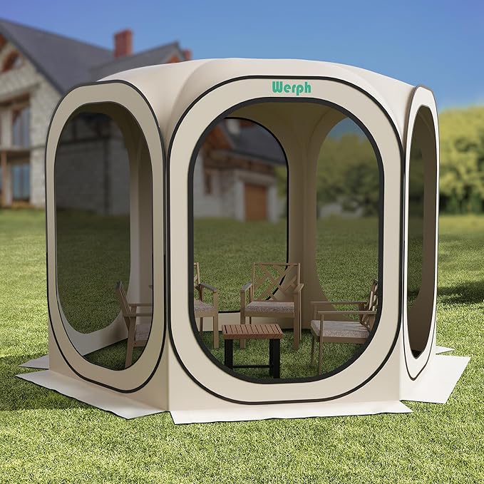 Screen Tent Pop-Up Portable Tent Canopy with Mesh Mosquito Net Screen House Room Canopy Shade Screen Houese 10x 10 FT with Carry Bag for Patio Backyard Sports &amp Outdoors Activities Beige
