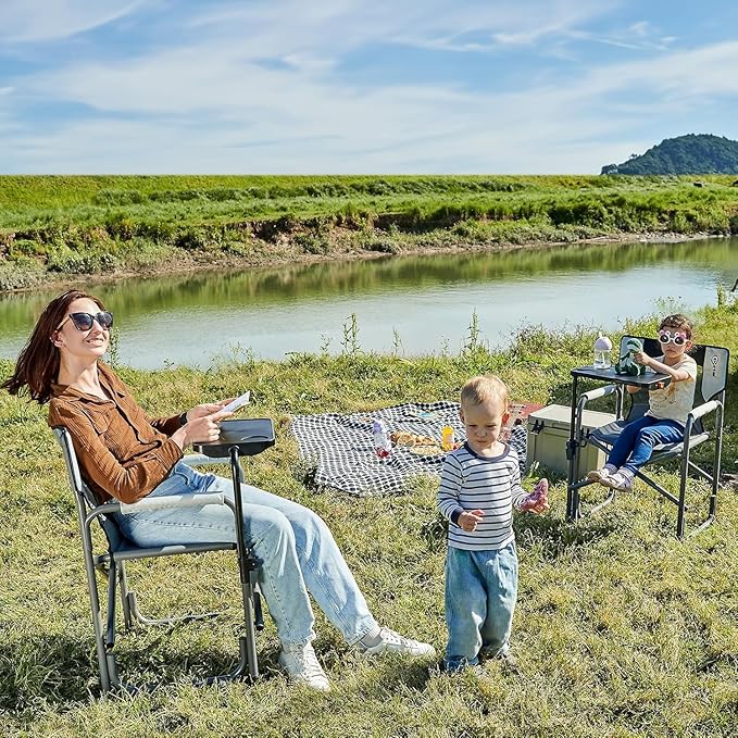 Portal Folding Director Chair with 2-Way Rotating Side Table Heavy Duty 300 lb Camping Chair with Swivel Tray &amp Cup Holder Ergonomic Mesh Back Portable Outdoor Seat for RV Tailgating &amp Lawn