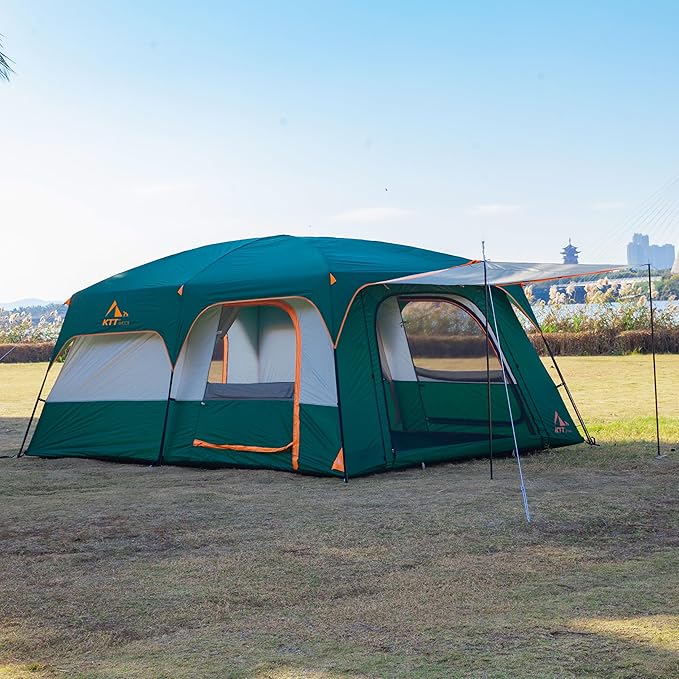 KTT Extra Large Tent 8-10-12 PersonFamily Cabin Tents2 Rooms3 Doors and 3 Windows with MeshStraight WallWaterproofDouble LayerBig Tents for OutdoorPicnicCampingFamily Gathering