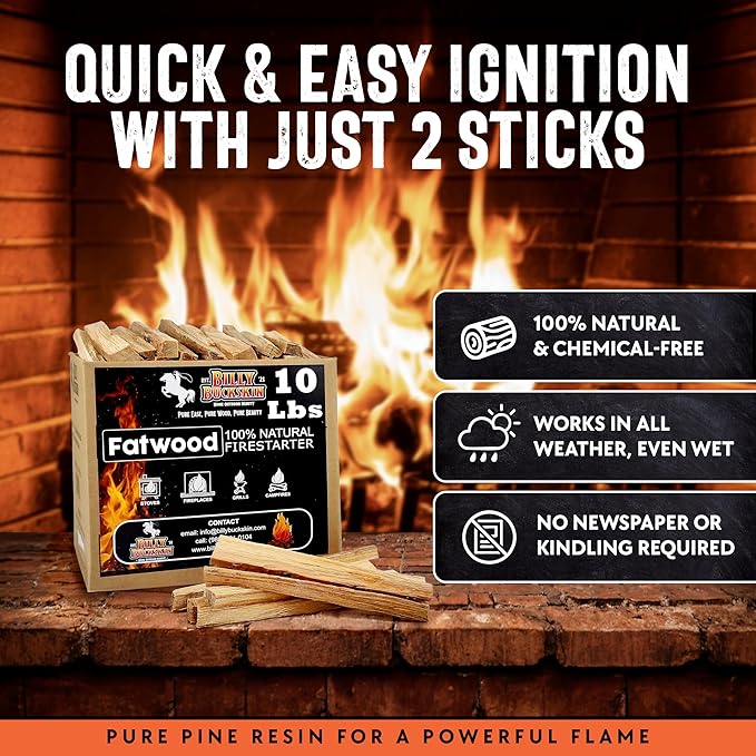 10lb Fatwood Fire Starter Sticks | 100% Natural Fire Starters for Campfires Firepit Fireplaces BBQ Wood Stoves | Easy Ignition w/Just 2 Sticks | Camping Essentials by Billy Buckskin (10lb Box)
