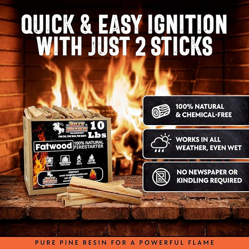 10lb Fatwood Fire Starter Sticks | 100% Natural Fire Starters for Campfires Firepit Fireplaces BBQ Wood Stoves | Easy Ignition w/Just 2 Sticks | Camping Essentials by Billy Buckskin (10lb Box)
