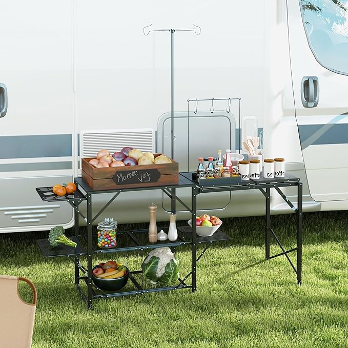 Outsunny Folding Camp Kitchen Table Portable Camping Cooking Station with Adjustable Lantern Holder Hanging Hooks and Carrying Bag for Outdoor Picnic Beach BBQ Traveling