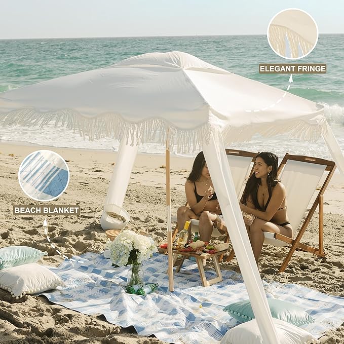 AMMSUN Beach Cabana with Beach Blanket 6.5' x 6.5' Boho Canopy with Tassels Premium Wood Pole Fringe Cabana Tent with Sand Pockets Instant Sun Shade for Sand Garden Outdoor Elegant White