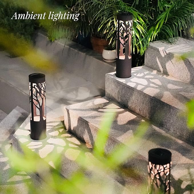4Pack Solar Pathway Lights Outdoor Landscape Lighting Dust to Dawn Solar Lights for Garden Decor Metal Path Lights Solar Powered for Yard Lawn Patio Walkway Warm Yellow