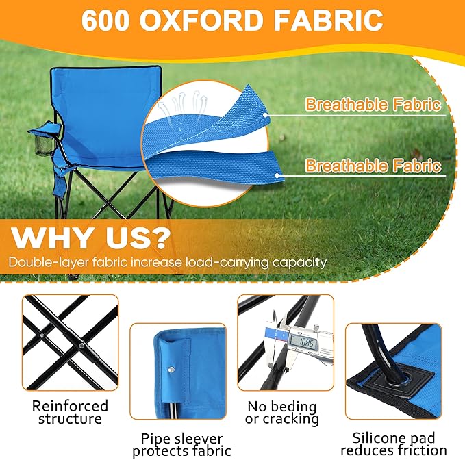 HaSteeL Camping Chair for Adults 2Pcs Large Folding Beach Chairs with Carrying Bag Portable for Outdoor Patio Picnic Lawn Hiking Fishing Travel Cooler/Cup Holder/Storage Pocket (Blue)