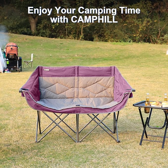 Oversized Double Camping Chair-Heavy Duty 2 Person Folding Loveseat Camp Couch for AdultsPortable Outdoor Lawn Chairs with Padded Seat for FishingSports and PatioSupports 500 LBSPurple