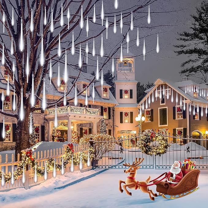 Brightown Meteor Shower Lights 20 Tubes 16 Inch 720 LED Solar Christmas Lights Outdoor Waterproof Snow Cascading String Lights for Outside Christmas Halloween House Tree Decoration Cool White