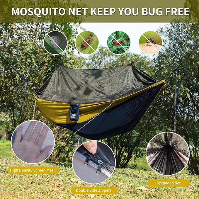 Camping Hammock with NetTravel Portable Lightweight Hammocks with Tree Straps and Solid D-Shape CarabinersParachute Nylon Hammock for Outsides Backpacking Beach Backyard Patio Hiking