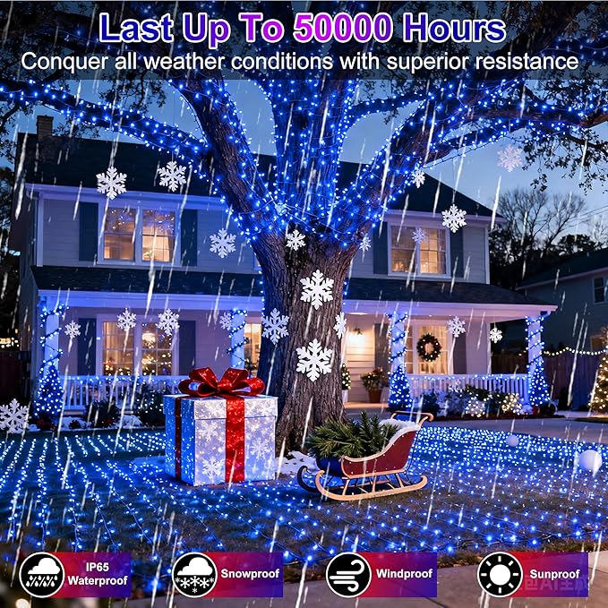1500 LED 470FT Christmas String Lights Outdoor 12 Pro Modes and Timer Memory &amp Brightness Plug in Waterproof Clear Wire Twinkle Light for for Xmas Yard Tree Wedding Party Decor (Blue)