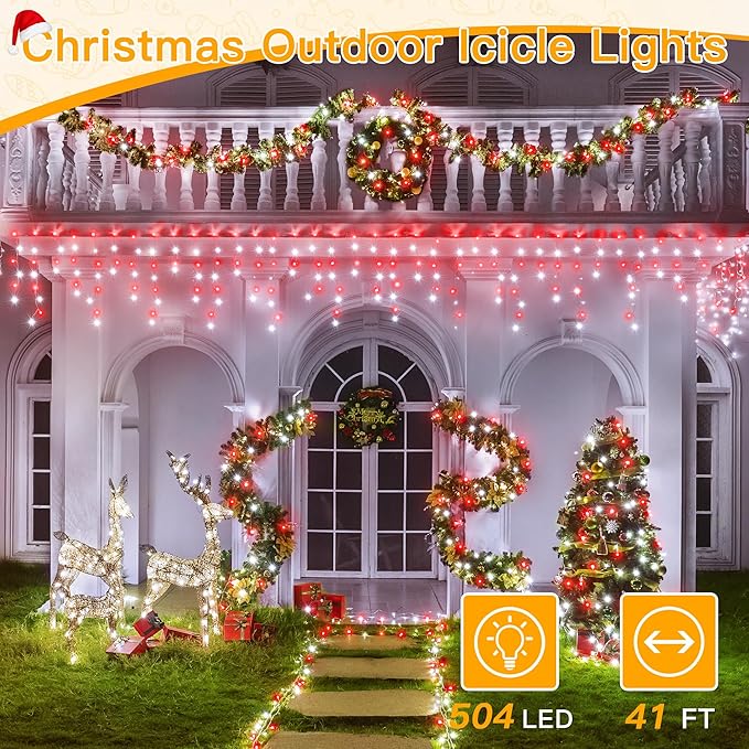 Ollny Icicle Lights for Outside 504LED 41FT Red and White Christmas Light with Remote 8Modes Timers Waterproof Plug in Connectable Hanging Lights for Outdoor Indoor House Roof Holiday