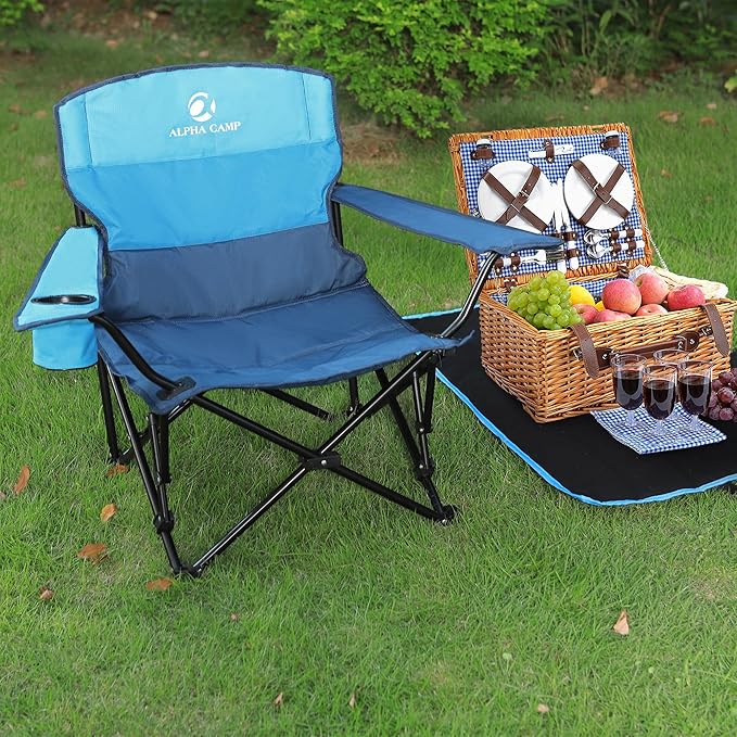 LET'S CAMP 2 Pack Folding Camping Chairs Low Chair Quad Portable with Cup Holder Steel Frame Collapsible 250LBS
