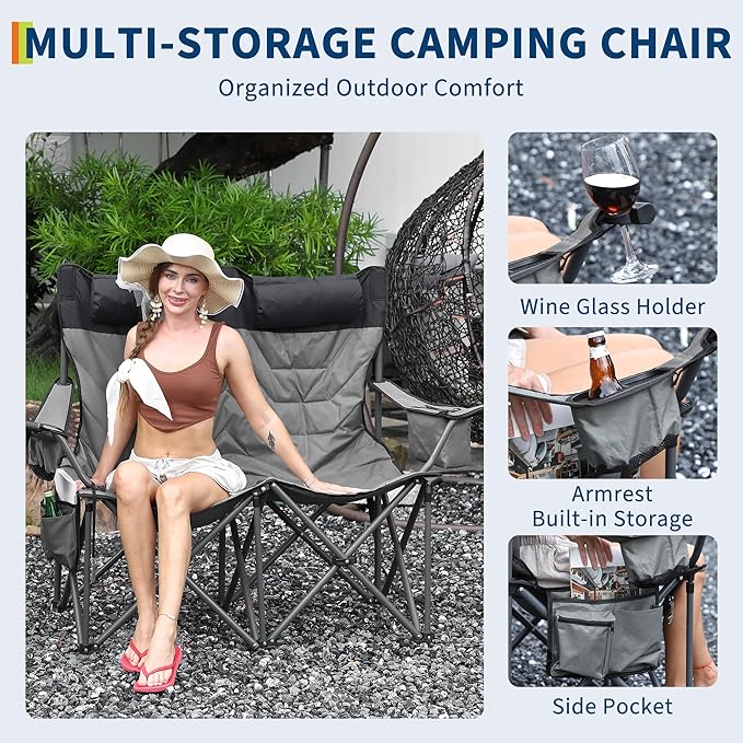 Oversized Double Camping Chairs Heavy Duty Padded Loveseat Chair - 900 LBS Support for Adult - Comfortable Camping Chair with High Back &amp Pillow