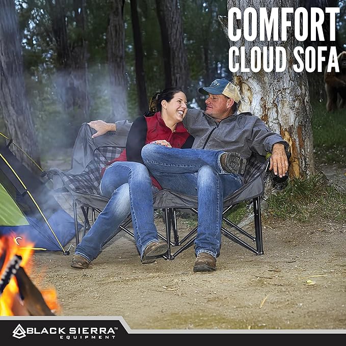 Black Sierra Double Camping Chair for Adults Oversized Folding Loveseat Supports 600 lbs Plush Padded Outdoor Couch with Cup Holders and Carry Bag for Beach Patio RV or Tailgating Events