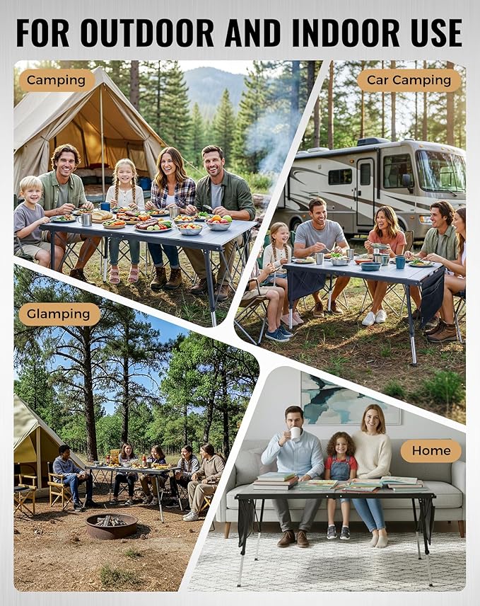 KingCamp Folding Camping Table Foldable 55.1 x27.6 Aluminum Roll Up Table with Adjustable Height 6-7 Person Large Camp Tables Outdoor with Carrying Bag for BBQ Patio Picnic Loads 265 Lbs